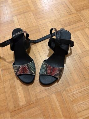 Arche Black Ankle-Strap Sandals with Multicolor Snake-Print Strap NWOT